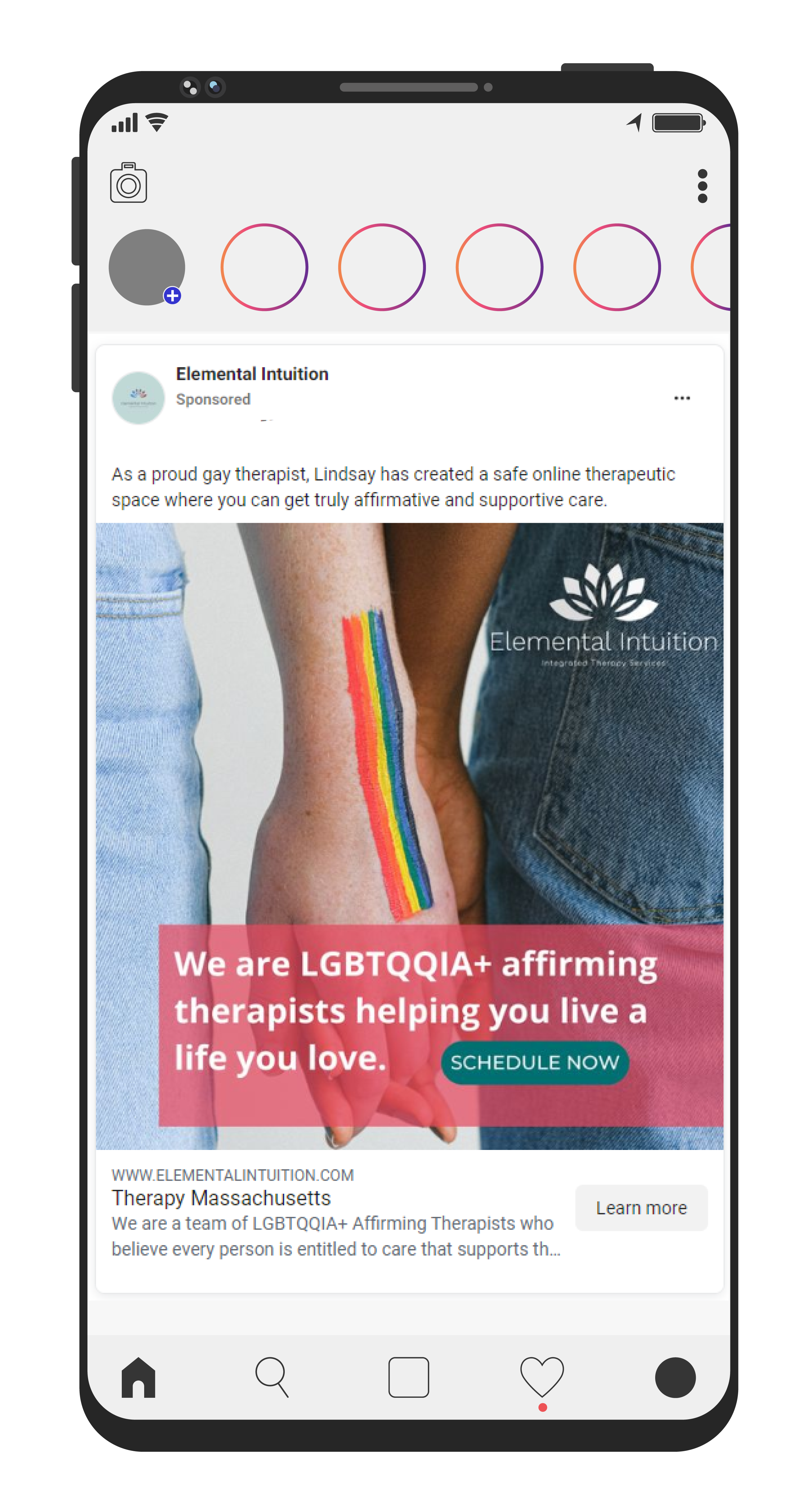 LGBTQ+ Facebook ad in phone mockup